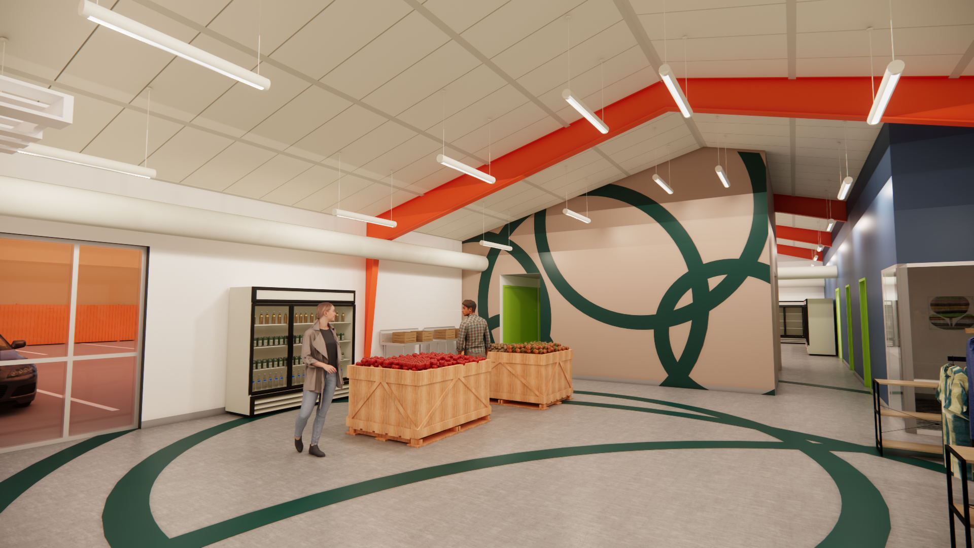 Interior rendering of a community grocery concept with orange ceiling beam, exposed lighting, and circular green floor and wall graphics
